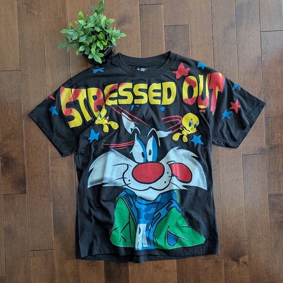 LOONEY TUNES SYLVESTER STRESSED OUT AOP GRAPHIC TSHIRT - Picture 1 of 4